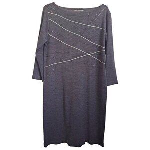 Nina Leonard Women's M 3/4 Sleeve Gray Knit Dress Beading Boatneck Wool Blend